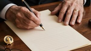Рука с перьевой ручкой над пергаментом, отражающая структуру идеального некролога сенатора 2026 году